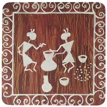 Warli-style tile of two figures around a central pot.