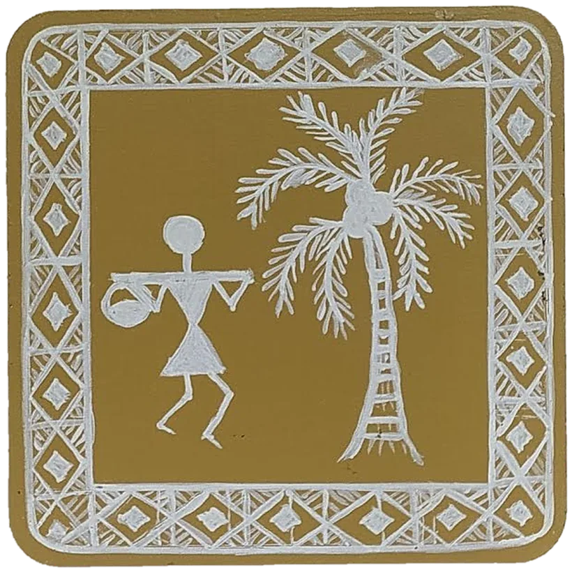 Warli-style tile of a figure carrying a pot beneath a palm tree.