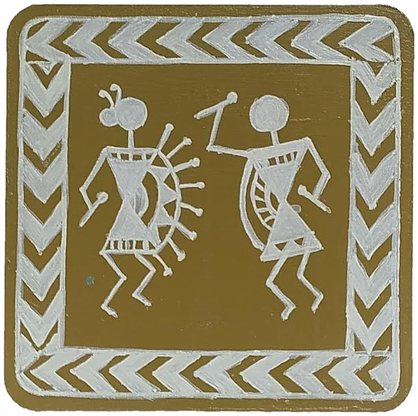 Warli-style tile of dancers beneath a sunburst motif.