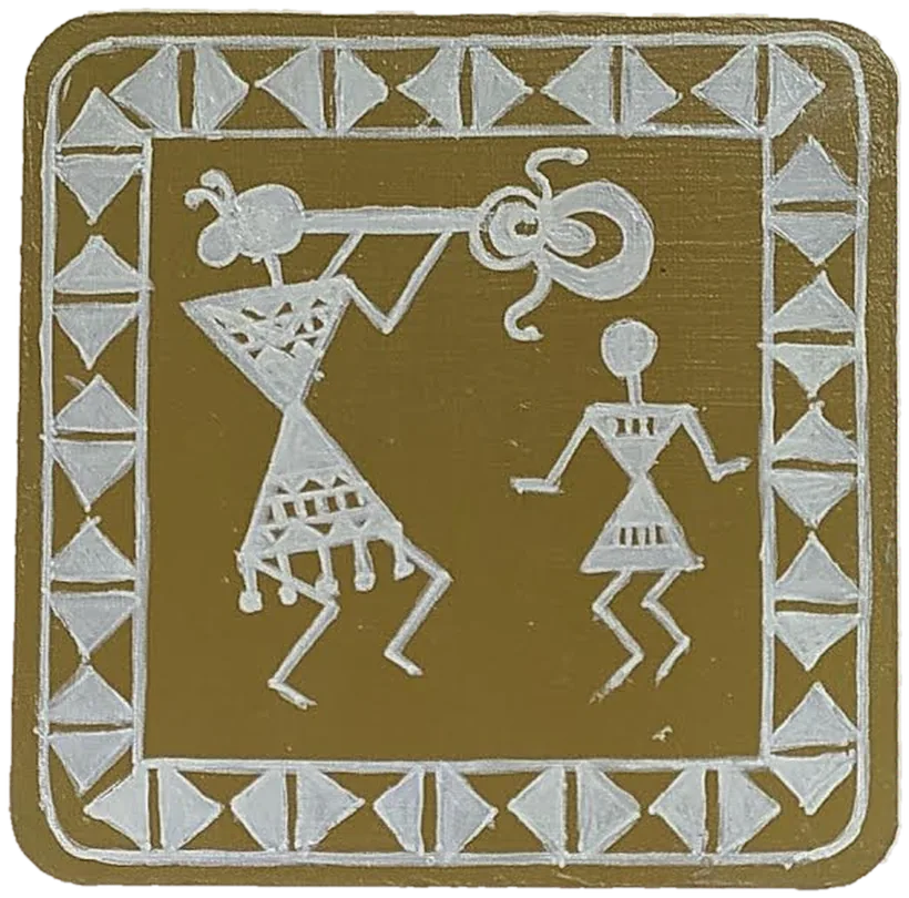Warli-style tile of a figure playing a horn beside a companion.