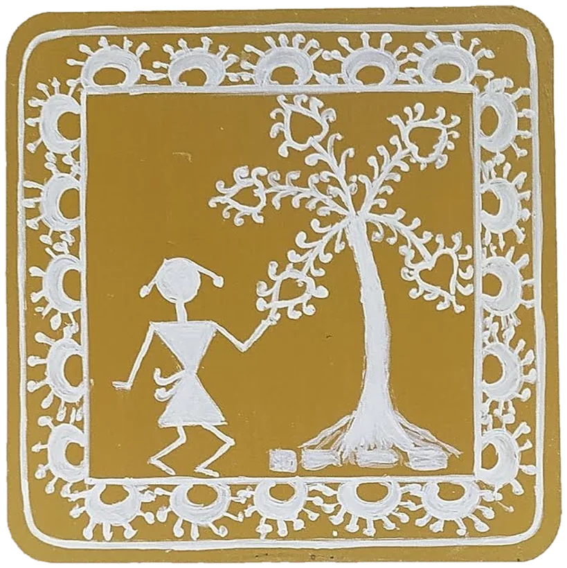 Warli-style tile of a figure beside a flowering tree.
