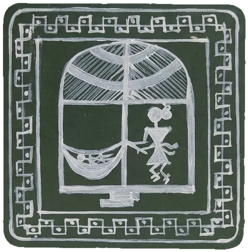 Warli-style tile of a hut with a hammock strung in the window.