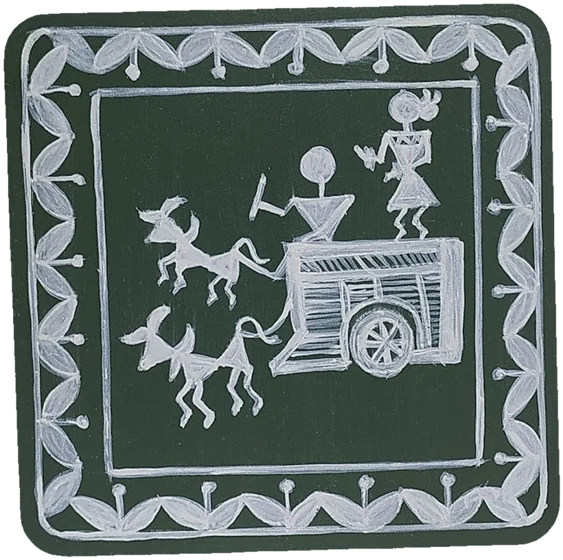 Warli-style tile of a bullock cart pulled by two yoked pairs of oxen, with a driver and a second rider standing on the cart, in white on green.