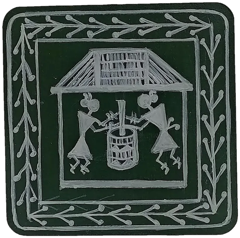 Warli-style tile of two figures pounding grain together.