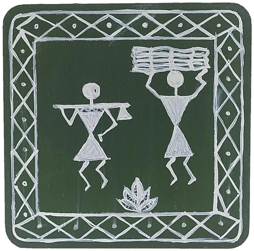 Warli-style tile of two figures carrying baskets.