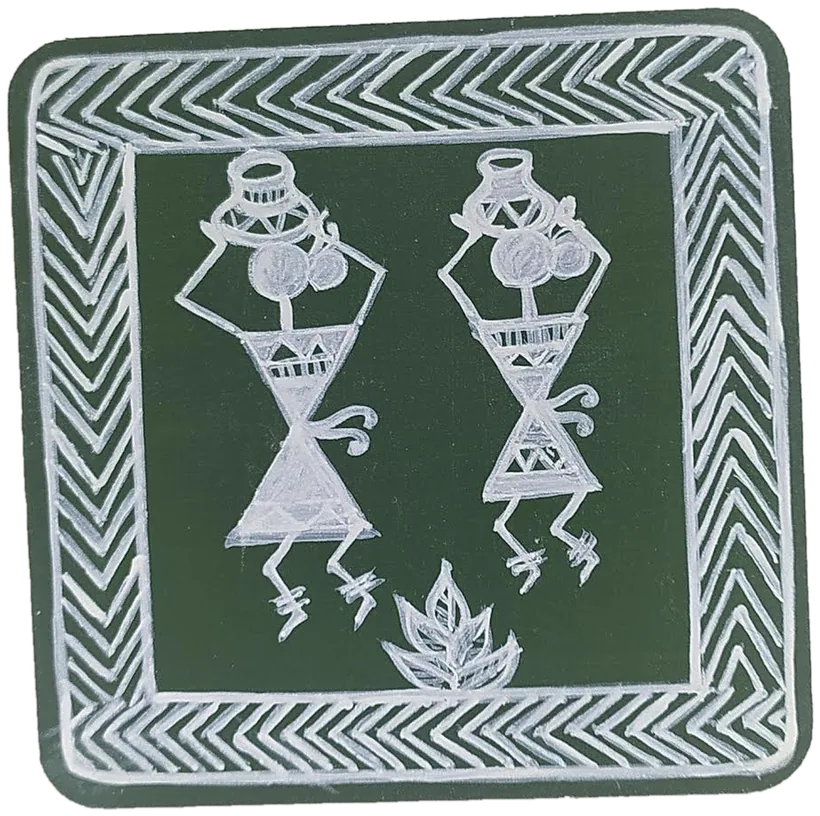 Warli-style tile of two figures carrying water pots.