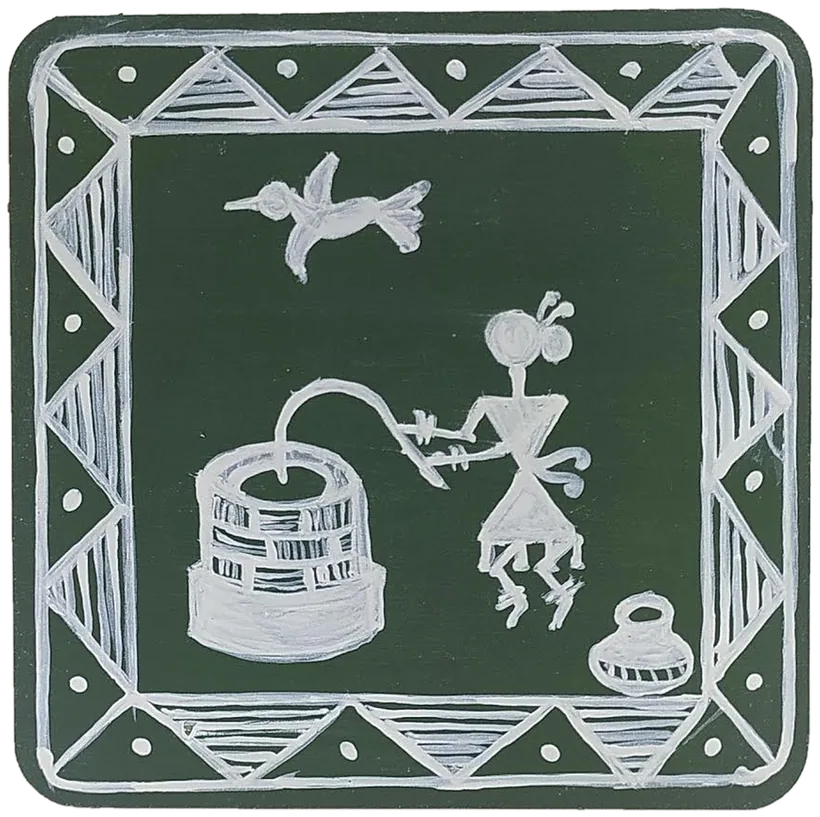 Warli-style tile of a figure drawing water from a well, with a bird overhead.