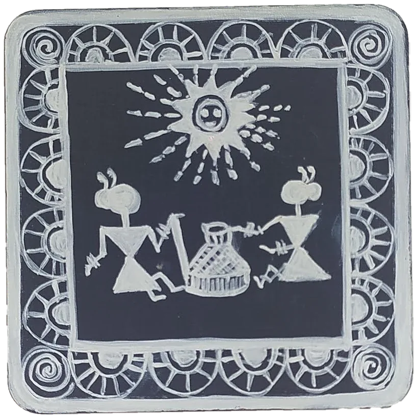 Warli-style tile of two figures under a sun motif with a pot.