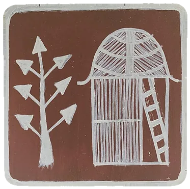 Warli-style tile of a domed hut beside a tree, in white on red-brown.