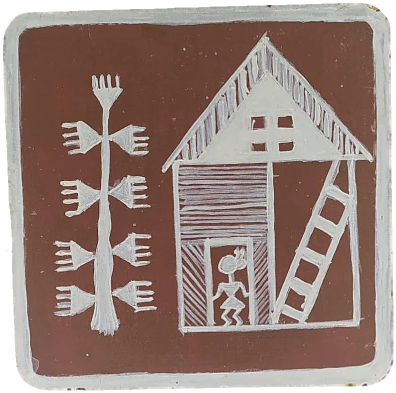 Warli-style tile of a house with a ladder and a window, beside a tree, with a figure standing in the doorway.