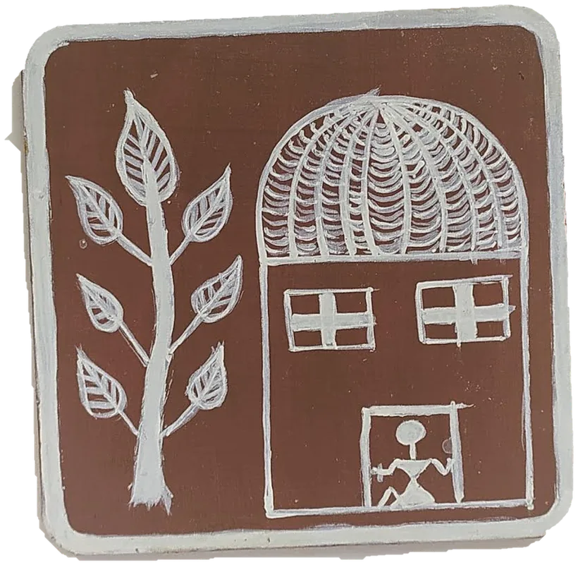 Warli-style tile of a house with windows and a tree.