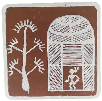 Warli-style tile of a domed hut with a tree beside it.