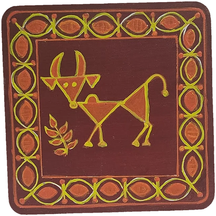 Warli-style tile of a horned bull, in yellow and orange on maroon.