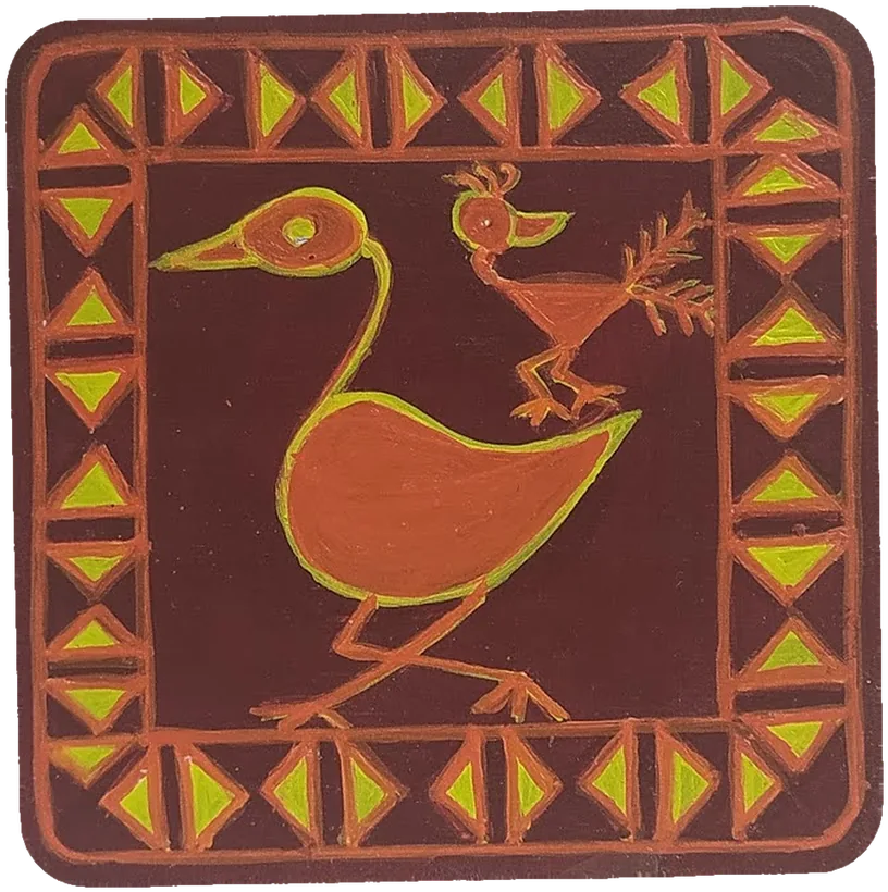 Warli-style tile of a goose beside a smaller bird.