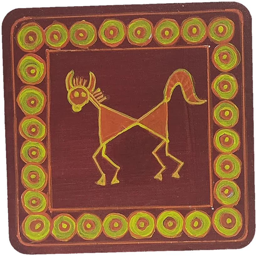 Warli-style tile of a horse mid-stride with a flowing tail, in yellow and orange on maroon.