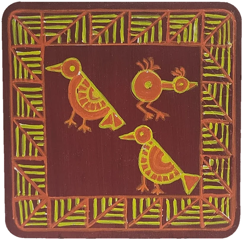 Warli-style tile of three birds together.