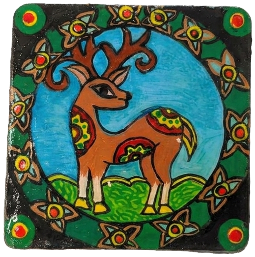 Hand-painted tile of a deer with curling antlers, ringed by a border of star-flowers on black.