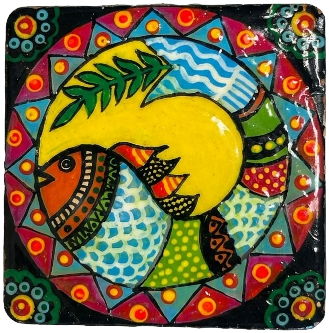 Hand-painted tile of a fish, patterned in warm colour, on black.