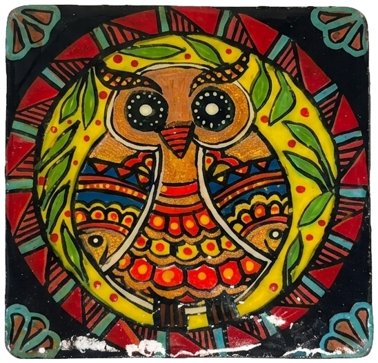 Hand-painted tile of an owl, on black.