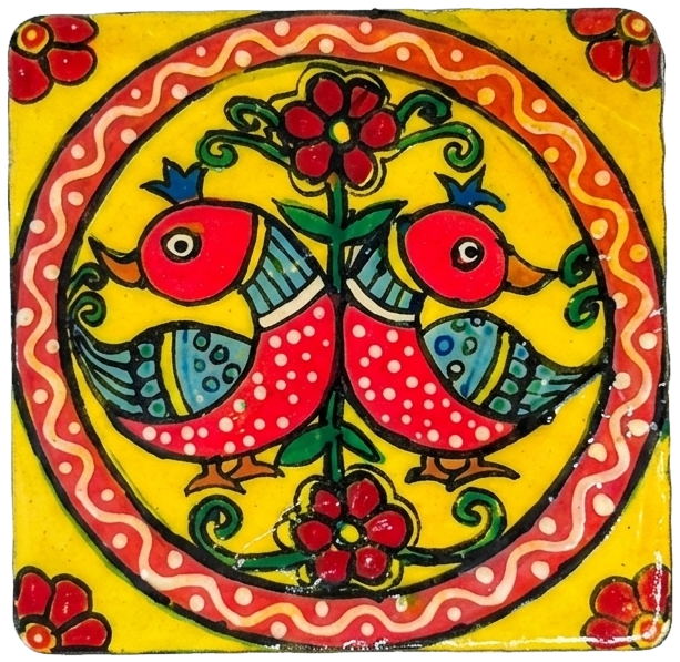 Hand-painted tile of a pair of parakeets, on black.