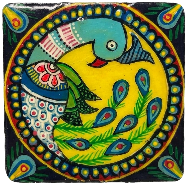Hand-painted tile of a peacock in profile, on black and yellow.