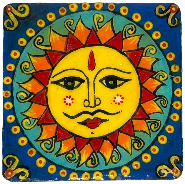 Hand-painted tile of a sun face with radiating flames, on blue.