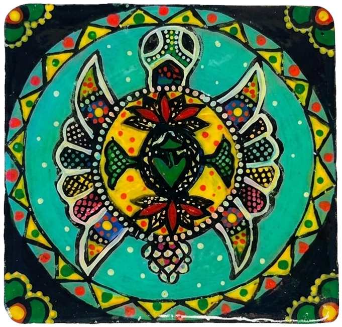 Hand-painted tile of a turtle, on black.